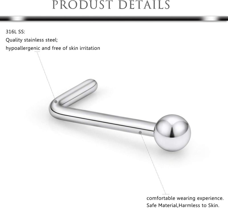 Hoeudjo Nose Studs Surgical Steel Cubic Zirconia Nose Rings Kit for Women Men Tiny Nose Stud Screw & Bone & L Shaped Nostril Rings Piercing Jewelry 22 Gauge 16 Pieces - Image 2